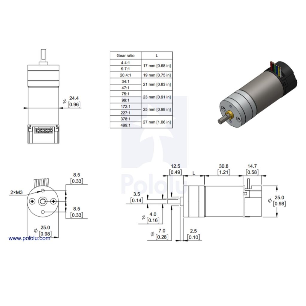 4.4:1 Motorreductor Metálico 25DX63Lmm HP con Encoder - 12V - SANDOROBOTICS