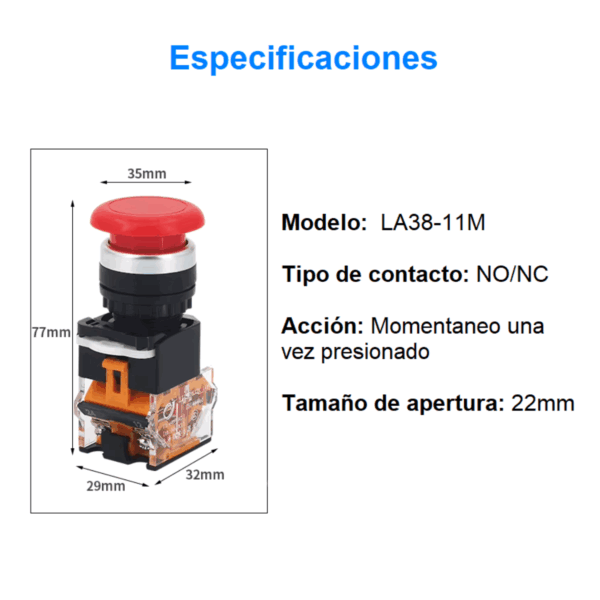 Interruptor de Botón Momentáneo LA38-11M, 24-500V — Rojo - Imagen 2