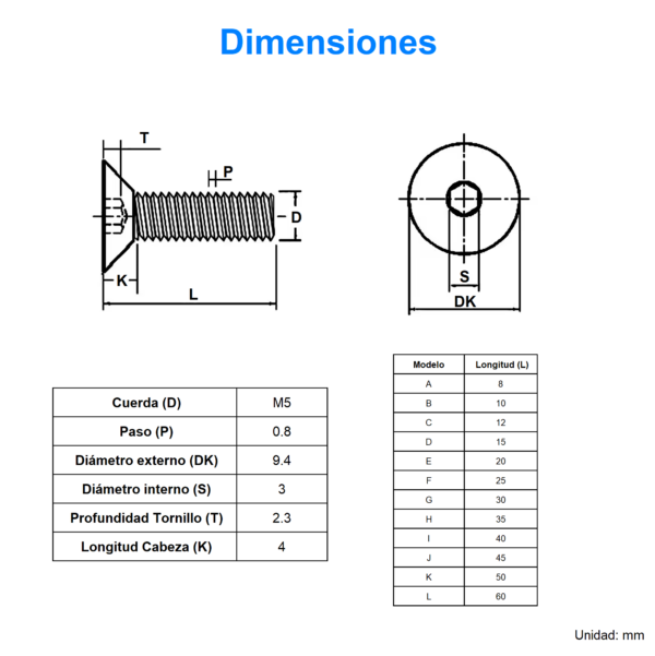 Tornillo Plano con Cabeza Cónica M5x12mm (10 Piezas) - Imagen 2