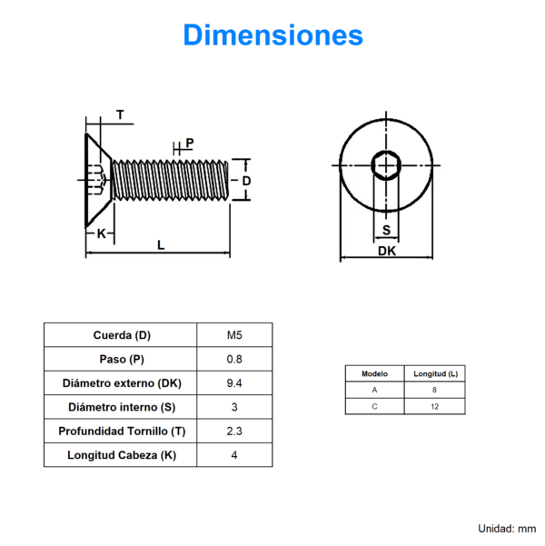 Tornillo Plano con Cabeza Cónica M5x8mm (10 Piezas) - Imagen 2