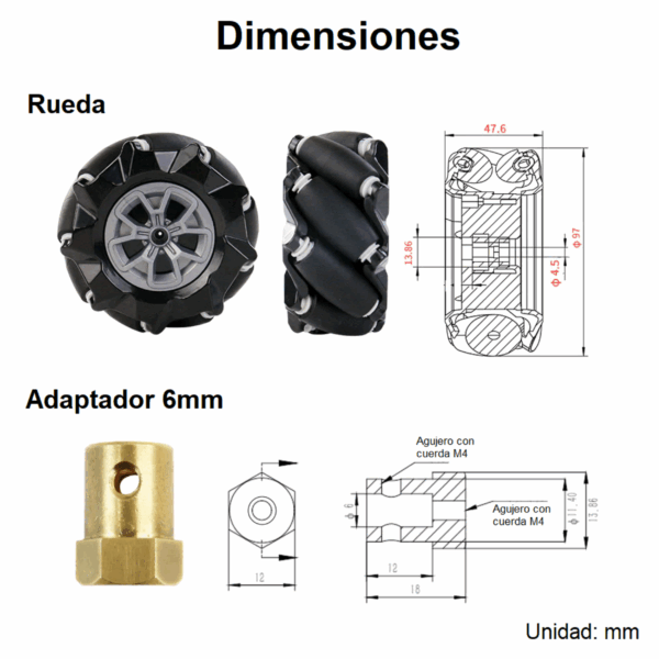 Kit de Ruedas Mecanum con Adaptadores Hexagonales — 97x 48 mm (4 Piezas) - Imagen 3